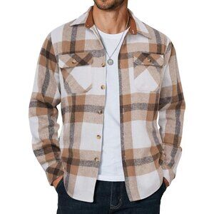 Coofandy Men Light Khaki Flannel Plaid Button Down Jacket Shirt with Pockets